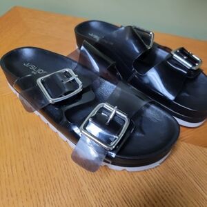 J. Slides, Black mylar double strap sandal, 8 1/2